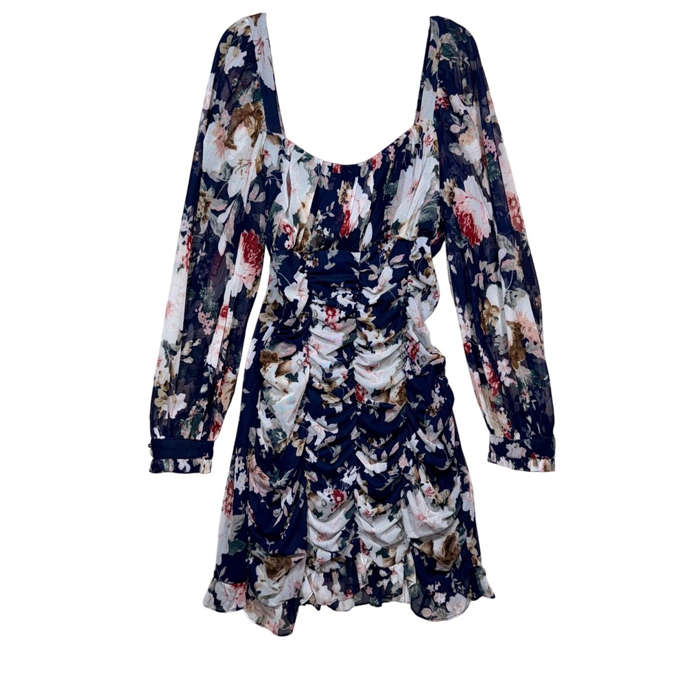 Milk & Honey Navy Blue Floral Ruched Mesh Mini‎ Dress Square Neck Long Sleeve L
